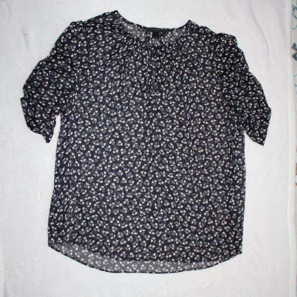 J. Crew Tops - J. Crew Sheer Floral Blue & Gold Blouse Ruched Sleeves Short Sleeve Size Small